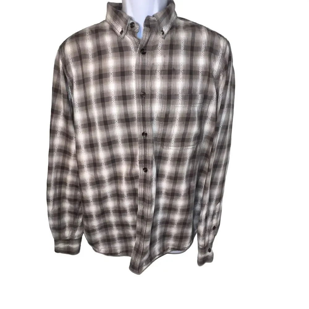 Old ranch,M Western Gray flannel plaid check long sleeve button-down shirt ￼‎